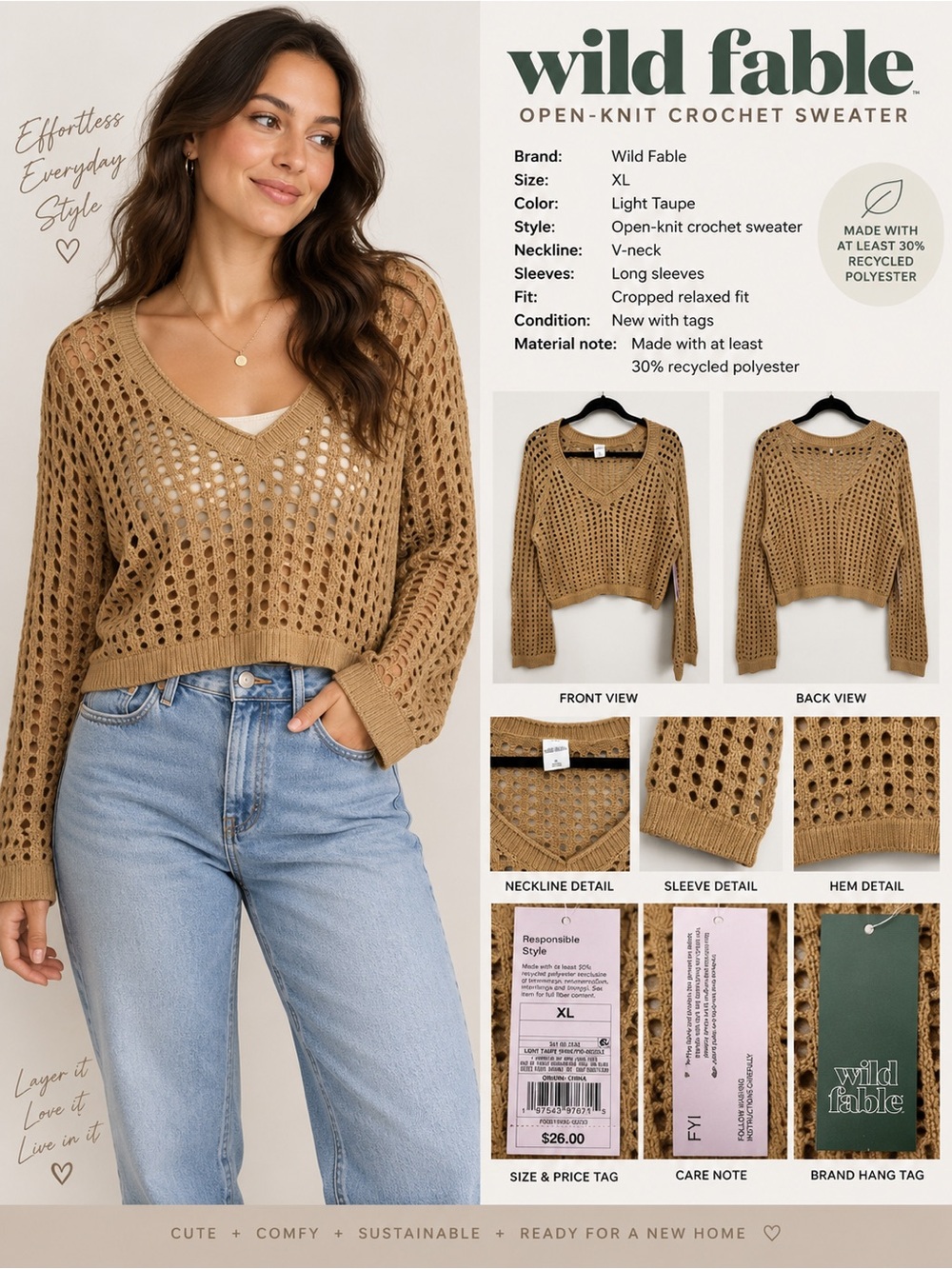 a new day Tan Open-Knit Cropped V-Neck Sweater